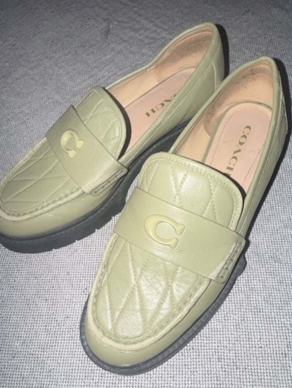 Coach Leah Quilted Leather Platform Lug Sole Loafers in Moss Green